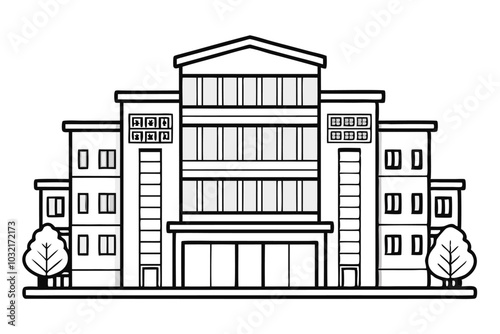 Multi-Storey Building Continuous Line Art Drawing of Apartment, Office, or Industrial Structure, illustration on black and white.