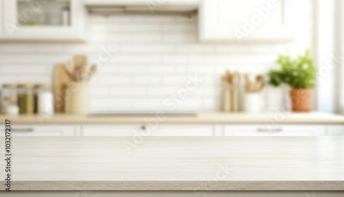 Bright and modern kitchen countertop with a blurred home setting in the background