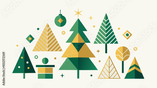Festive Christmas scene with geometric trees and decorations in green and gold colors on a light background