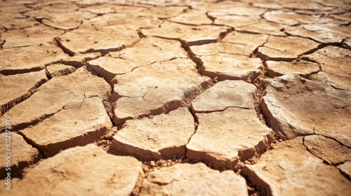 Dry, cracked desert floor made of fine sand, scattered with small rocks, representing the devastating effects of global warming and the shrinking water sources on Earth.