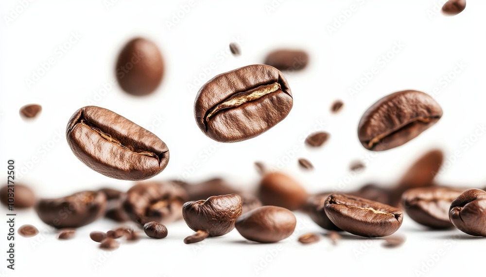 Coffee beans falling mid-air, highlighting their rich texture on white Coffee beans falling mid-air, highlighting their rich texture on white