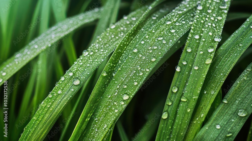 Close-up of water droplets on vibrant green grass, perfect for a refreshing day of outdoor sports or fitness, hydrated grass field, inviting and active environment Close-up of water droplets on vibrant green grass, perfect for a refreshing day of outdoor sports or fitness, hydrated grass field, inviting and active environment