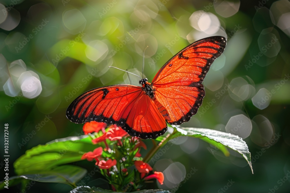 A small red butterfly perched on the edge of a lush green leaf, highlighting the contrast between the insect's vibrant color and the natural environment A small red butterfly perched on the edge of a lush green leaf, highlighting the contrast between the insect's vibrant color and the natural environment