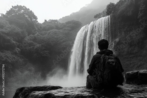 A person sits on a rock overlooking a waterfall, perfect for outdoor or nature-related themes