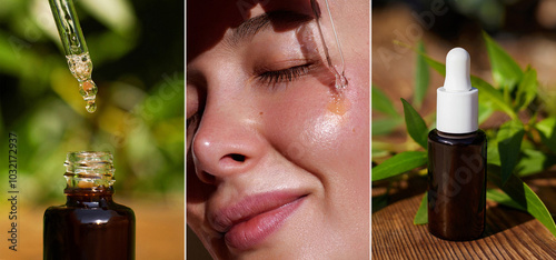 A skincare collage featuring a young woman applying serum or retinol with a pipette dropper close-up on a natural outdoor background. Showcase a organic cosmetics product and daily skin care routine
