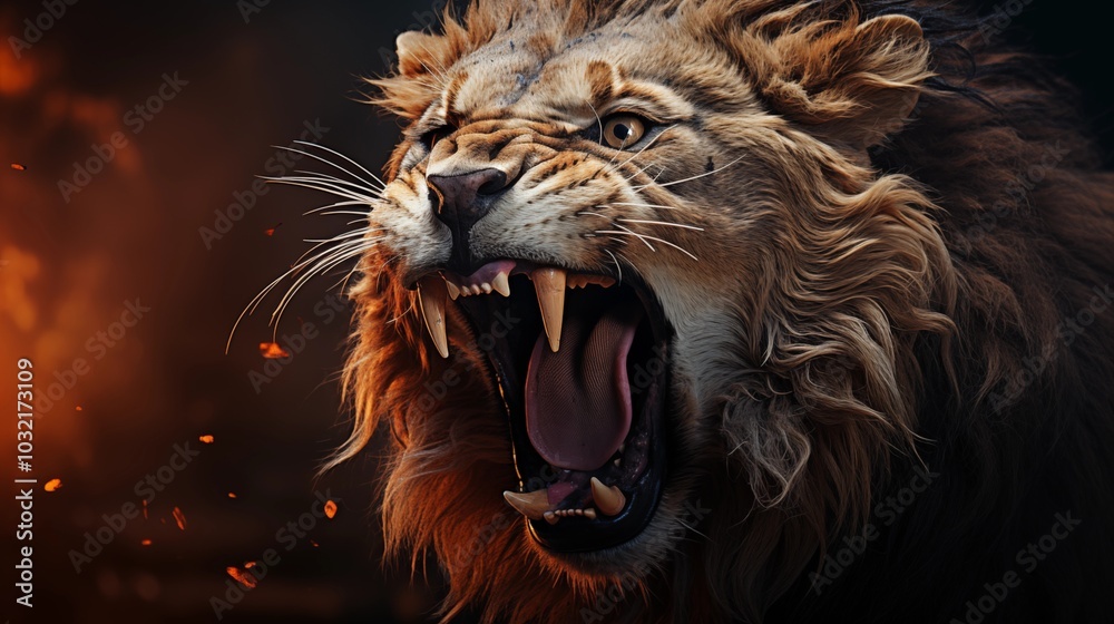 Fototapeta premium Lion Roaring On Black Background