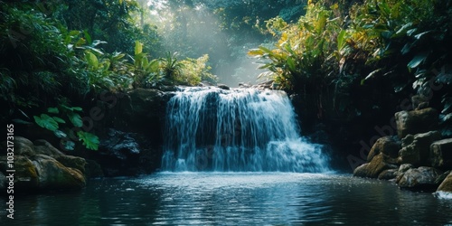 Waterfall cascading through lush green foliage.