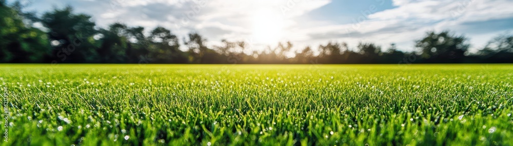 Freshly watered green grass under a bright sky, the perfect surface for an energetic sports day or outdoor event, outdoor sports field, cool and refreshing Freshly watered green grass under a bright sky, the perfect surface for an energetic sports day or outdoor event, outdoor sports field, cool and refreshing