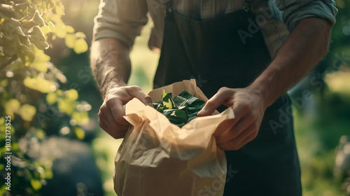 A Farmer Gathers Fresh Herbs From the Garden During Golden Hour in a Lush Outdoor Setting