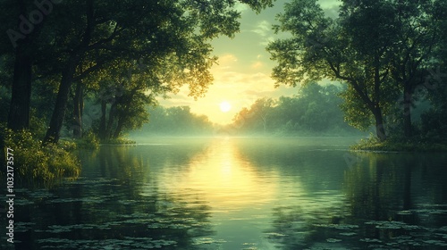 A serene lake at sunrise, surrounded by lush trees and mist, evoking peace and tranquility.
