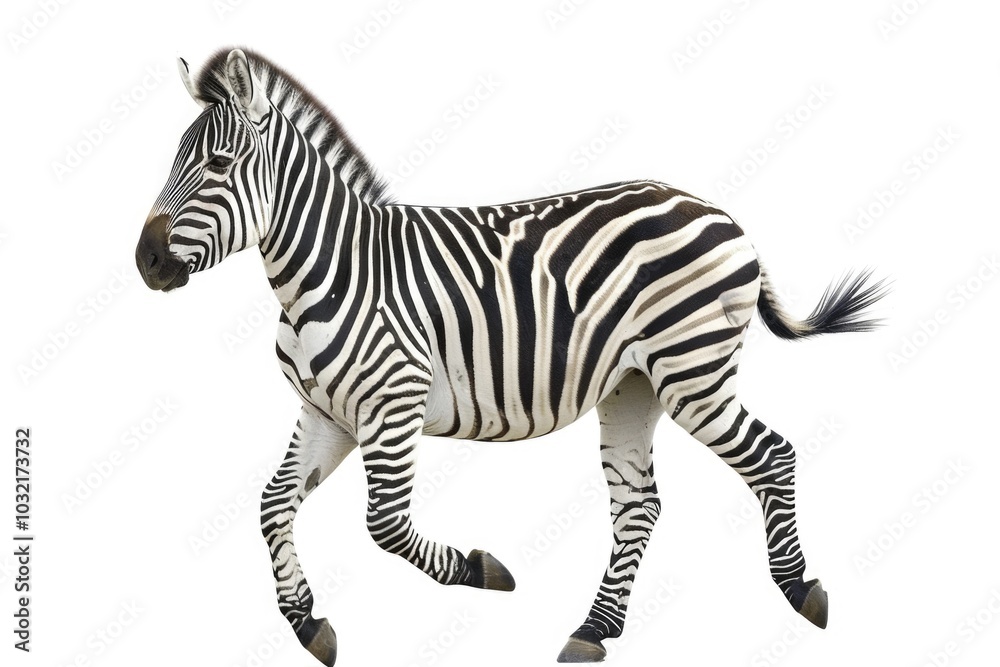 Obraz premium A zebra runs on a white background, suitable for use in sports or nature-related themes