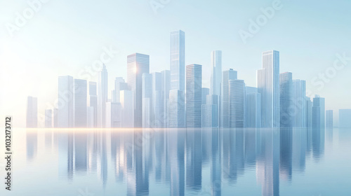 3D rendering of white modern building city skyline reflection background
