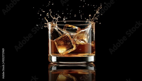 A glass of whiskey splashes with ice against a black background at night