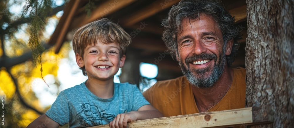 Happy father and son smiling in a treehouse. Happy father and son smiling in a treehouse.