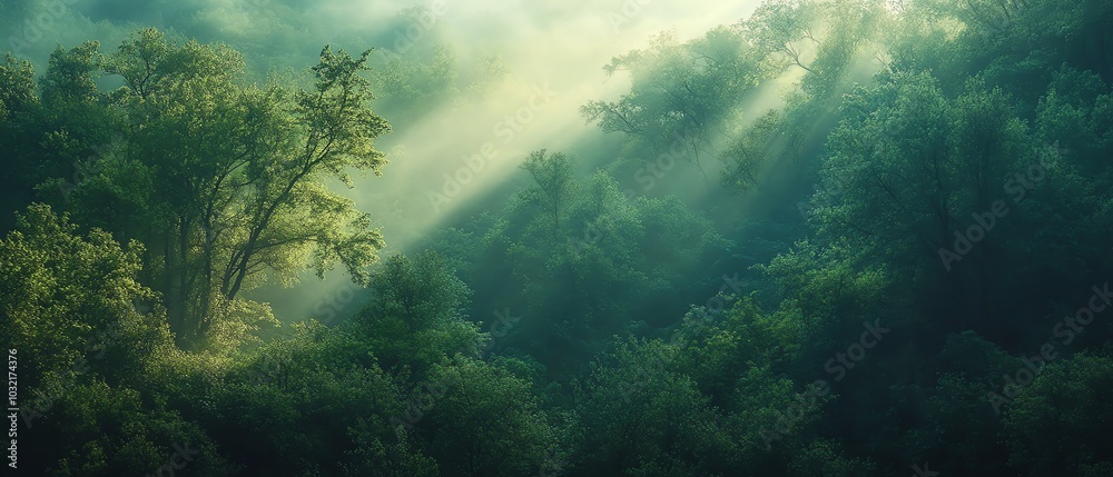 Captivating image of towering green trees in a mystical forest, with sunlight filtering through the leaves for a tranquil nature landscape Captivating image of towering green trees in a mystical forest, with sunlight filtering through the leaves for a tranquil nature landscape