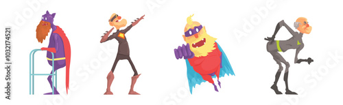 Funny Elderly Man Superhero Wearing Suit and Cape Vector Set