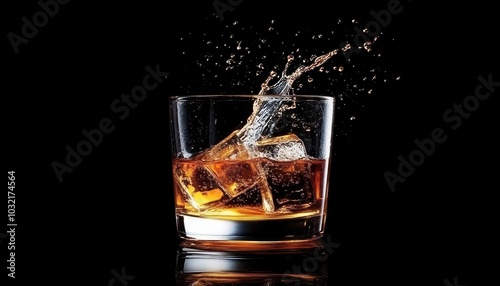 A glass of splashing whiskey with ice cubes isolated on a black background