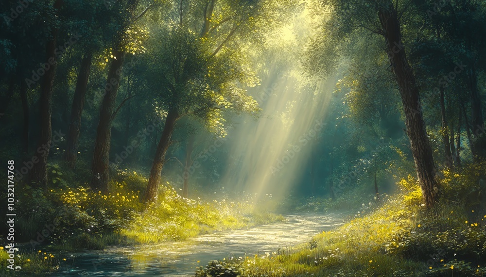 Naklejka premium Enchanted forest scene with sunlight filtering through towering trees, highlighting the serene beauty of a mystical nature landscape