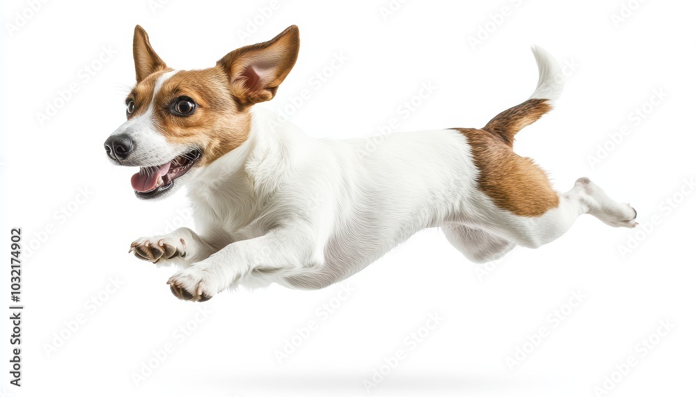 A joyful dog leaps in mid-air against a clean white background, showcasing happiness A joyful dog leaps in mid-air against a clean white background, showcasing happiness