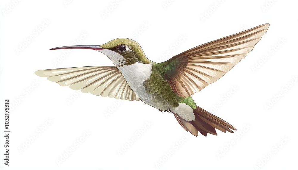 A vibrant hummingbird gracefully flies with delicate wings on a white background A vibrant hummingbird gracefully flies with delicate wings on a white background