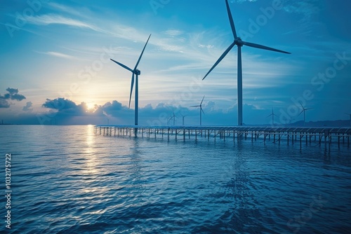 Wind turbines situated on the surface of a lake, suitable for environmental and industrial themes photo