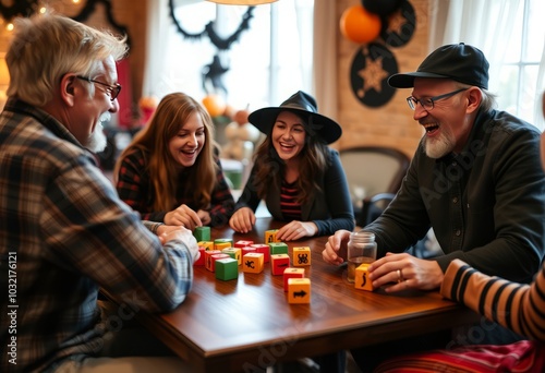 Middle aged person playing holiday games with friends at a Hallo