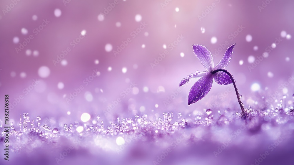 Fototapeta premium A single purple flower blooms in a field of dew drops.