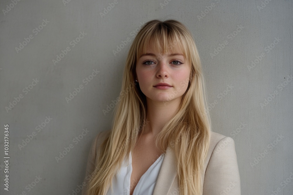 A woman with long blonde hair stands against a wall, looking away from the camera A woman with long blonde hair stands against a wall, looking away from the camera