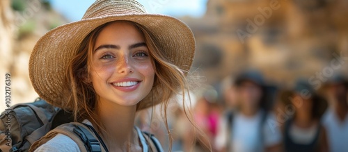 A young woman with a straw hat and backpack smiles brightly at the camera. She is surrounded by a group of people, presumably on a hiking or trekking trip. photo