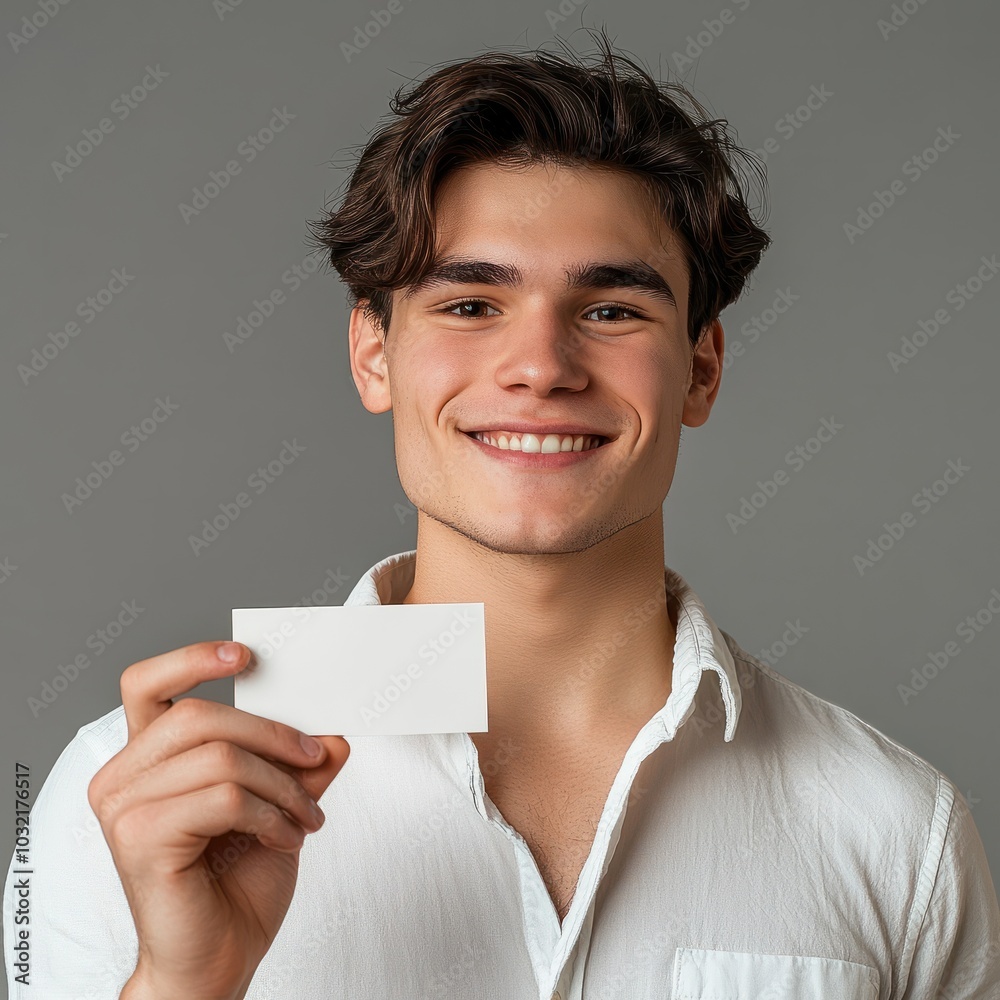 Business card mockup template. Smiling young man holding business card Business card mockup template. Smiling young man holding business card