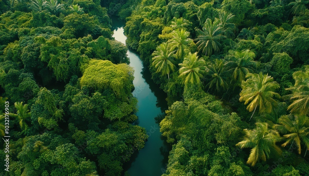 Aerial view of a winding river flowing through a lush rainforest canopy Aerial view of a winding river flowing through a lush rainforest canopy