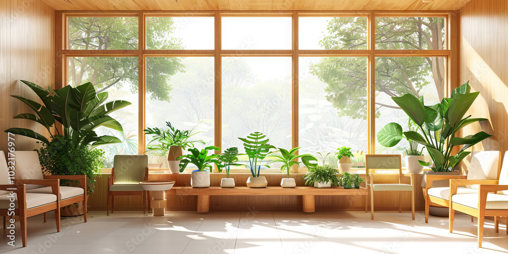 A serene nature-inspired waiting room, with wooden furniture and plants, creating a relaxing environment for patients and their families. A serene nature-inspired waiting room, with wooden furniture and plants, creating a relaxing environment for patients and their families.
