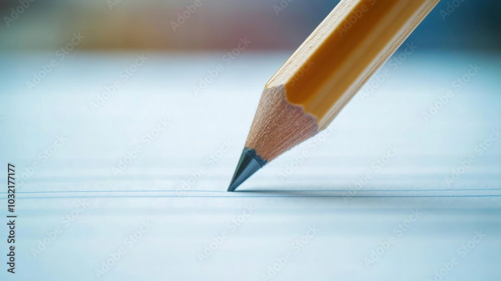 A close-up shot of a sharpened wooden pencil with an eraser, positioned at an angle on a ruled paper, ready to write or draw. The pencil is in focus, while the background is blurred. A close-up shot of a sharpened wooden pencil with an eraser, positioned at an angle on a ruled paper, ready to write or draw. The pencil is in focus, while the background is blurred.