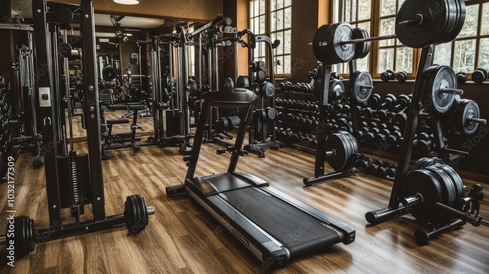 A well-equipped gym with a treadmill, weight racks, and other fitness equipment. A well-equipped gym with a treadmill, weight racks, and other fitness equipment.