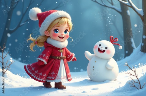 fabulous little snow maiden on a background of snow photo