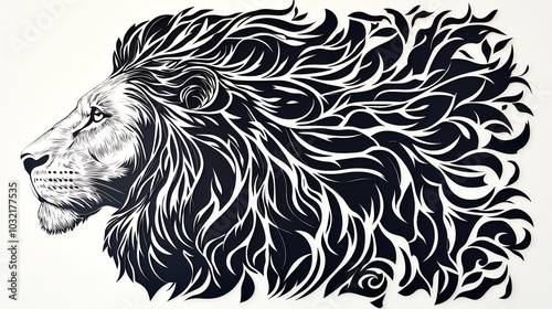 Silhouette of a lion with intricate mane details in layered paper cut style, regal and bold, ideal for wildlife or strengththemed artwork photo