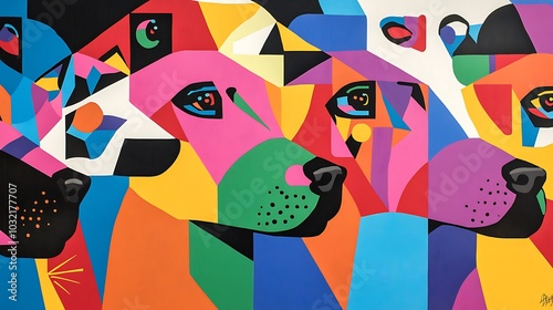 A vibrant, geometric mural depicting four dog faces in a modern abstract style.
