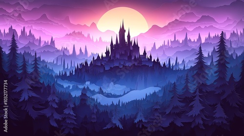 Silhouetted castle in an intricate layered paper cut landscape, detailed with turrets and forests, ideal for fantasy or fairytalethemed projects photo