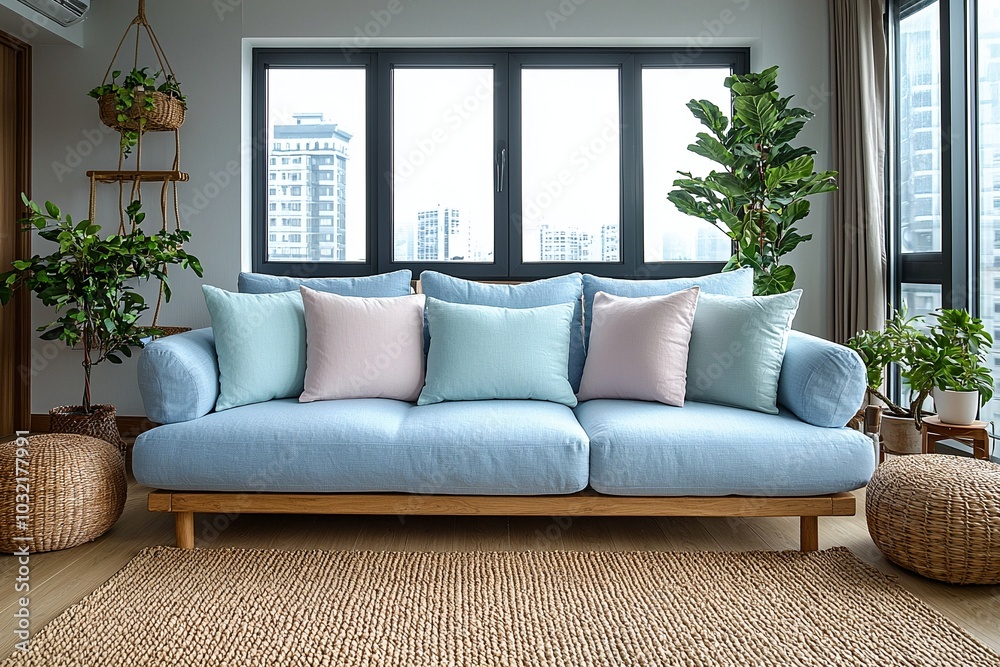 Fototapeta premium Minimalist, contemporary Japani interiors in the living room with windows and sofas. Generative AI 
