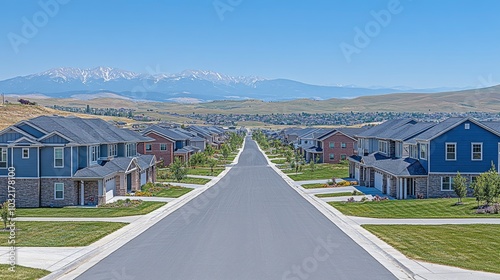 Suburban Neighborhood with Mountain Backdrop and Straight Road photo