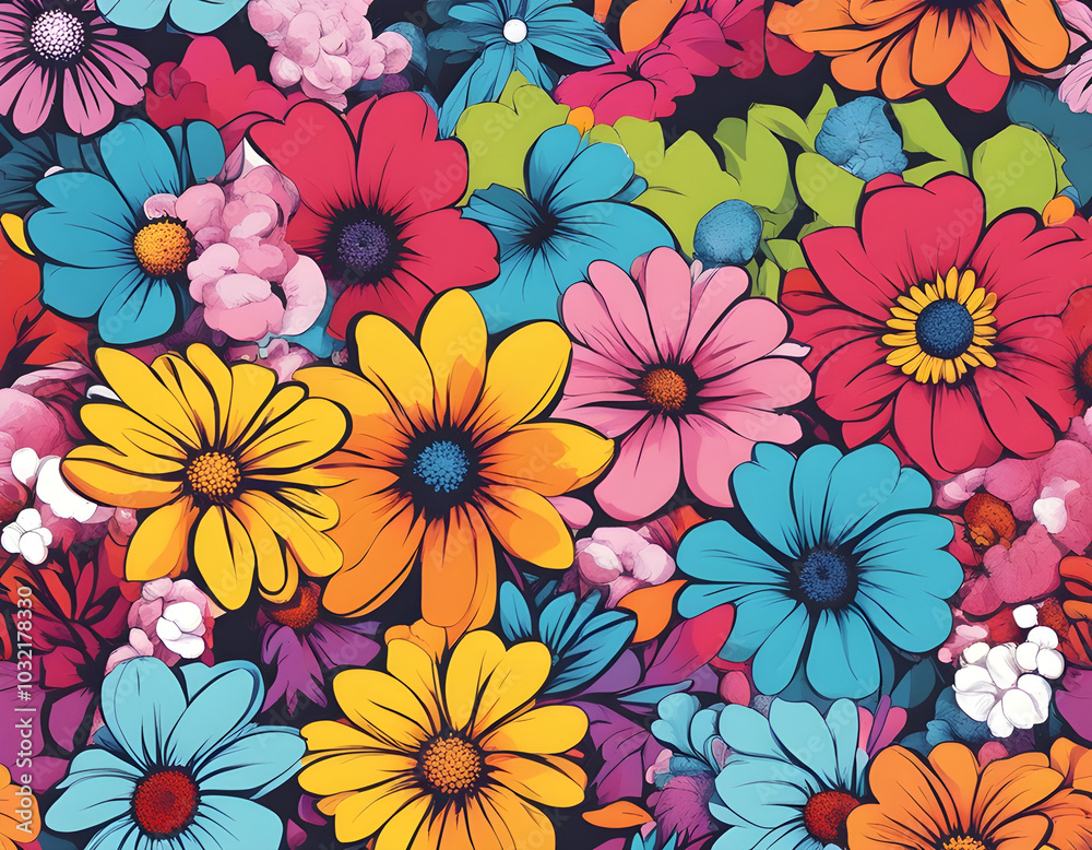 colorful flower with cool isolated pop art style background