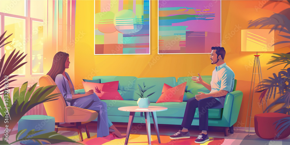 A colorful therapy room with a comfy couch and calming colors, featuring a therapist and client engaging in a meaningful conversation. A colorful therapy room with a comfy couch and calming colors, featuring a therapist and client engaging in a meaningful conversation.