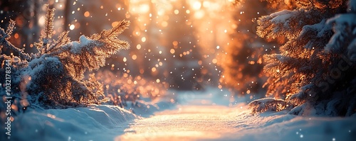 A tranquil winter landscape with snowdraped fir trees and a soft path, beautifully accented by a bokeh effect for a festive New Year atmosphere photo