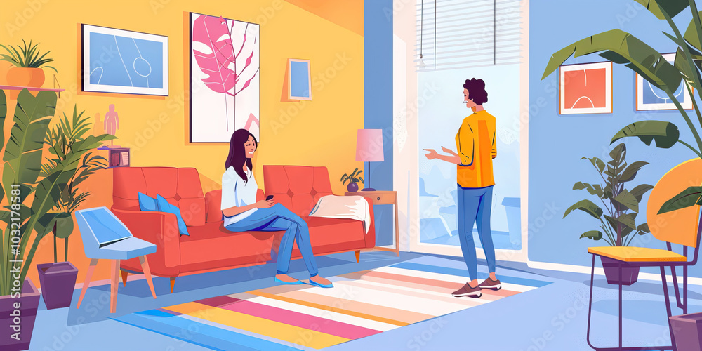 A colorful therapy room with a comfy couch and calming colors, featuring a therapist and client engaging in a meaningful conversation.
