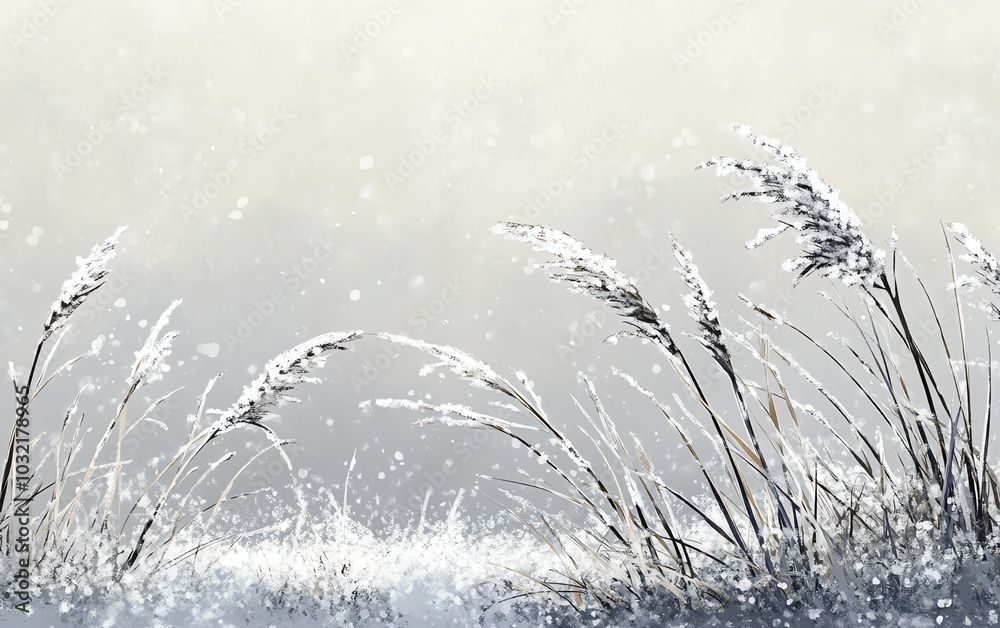 Obraz premium An elegant minimalist winter scene showcasing a frosty meadow, with intricate ice crystals on blades of grass, reflecting natures strength amidst winters chill