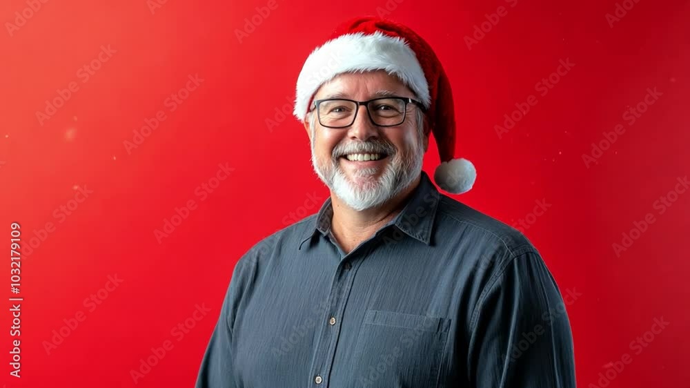 A cheerful senior man wearing a Santa hat against a bright red background during the holiday season A cheerful senior man wearing a Santa hat against a bright red background during the holiday season