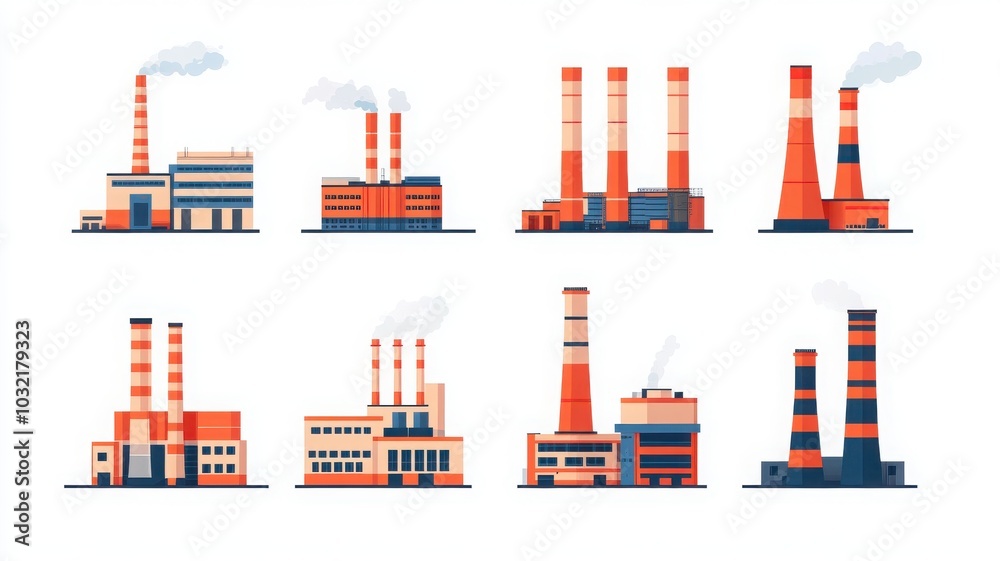 Obraz premium A collection of illustrated industrial factories with smokestacks, showcasing various designs and styles in a modern aesthetic.