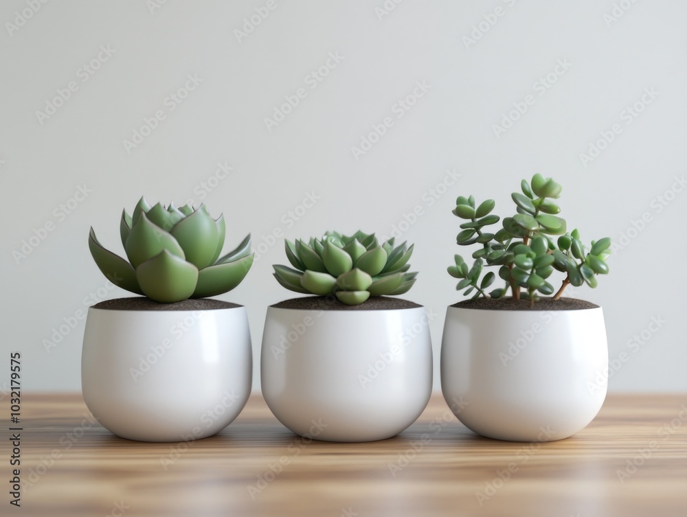 Three Succulent Cacti in White Vases on a Table Three Succulent Cacti in White Vases on a Table