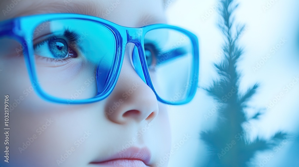 Young child wearing blue glasses focusing on distant tree outside window, symbolizing myopia prevention and importance of outdoor activities.