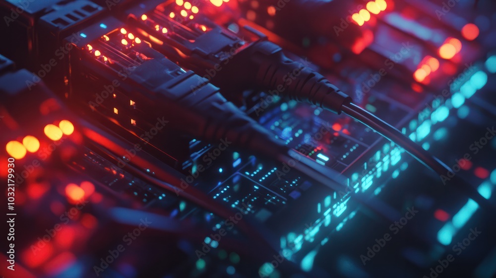 Close-up of network cables connected to a server with glowing lights.
